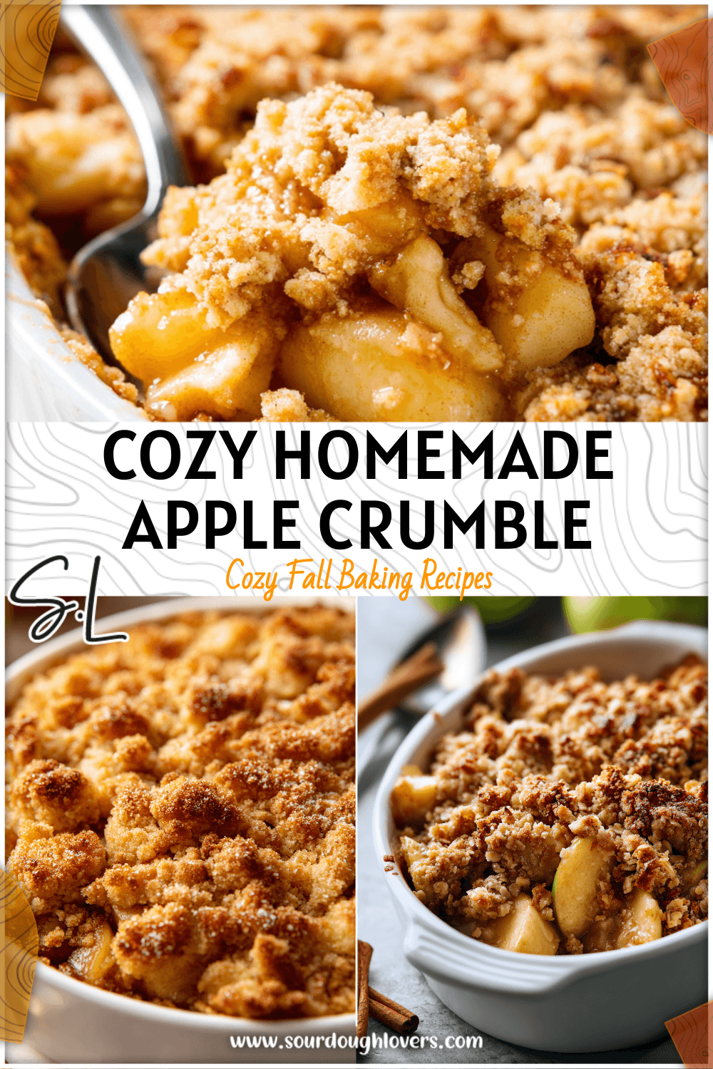 Golden Baked Apple Crumble topped with crisp buttery crumbs served warm in a white dish.